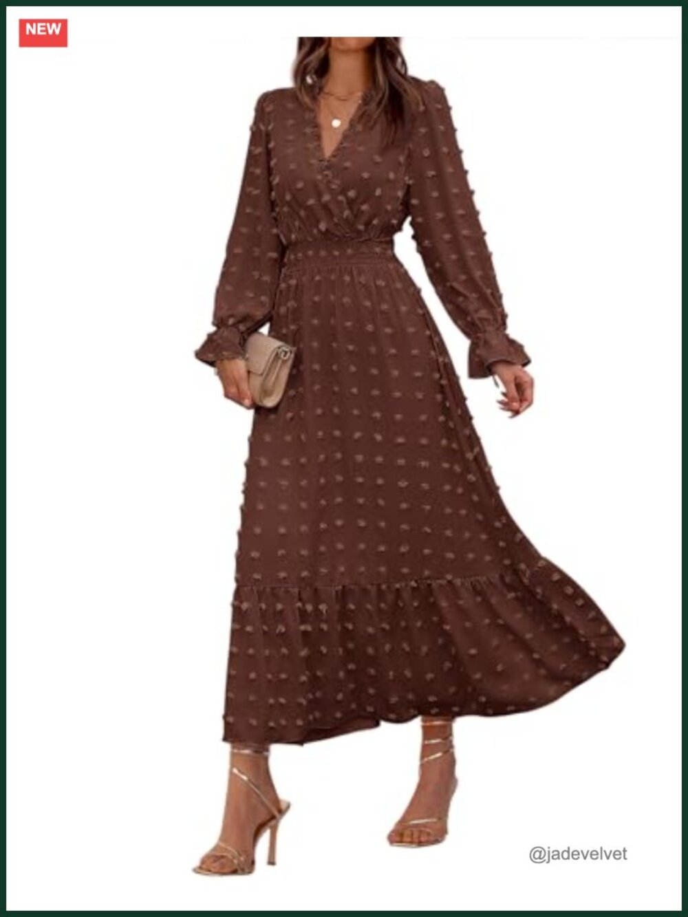 Swiss Dot Maxi Dress Wedding Guest A-Line Long Sleeve V-Neck